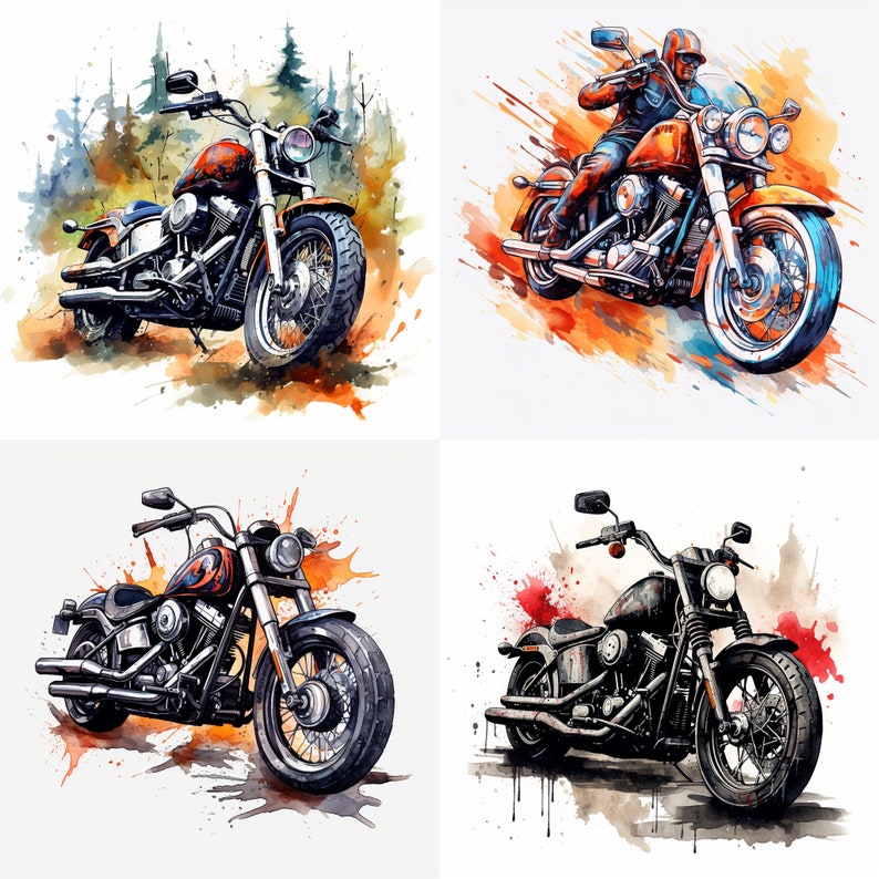May include: Four watercolour illustrations of vintage motorcycles. Each motorcycle is a different colour and has a unique design. The motorcycles are set against a white background with splashes of watercolour paint.