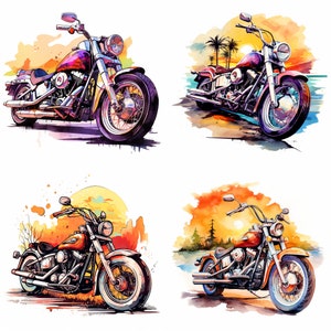 May include: Four watercolor illustrations of classic motorcycles with sunset backgrounds. Each motorcycle is a different color, with chrome accents and a detailed design.
