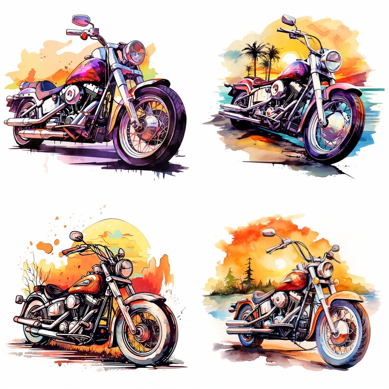 May include: Four watercolor illustrations of classic motorcycles with sunset backgrounds. Each motorcycle is a different color, with chrome accents and a detailed design.