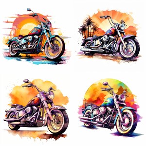 May include: Four watercolor illustrations of vintage motorcycles with sunset backgrounds. Each motorcycle is a different color: blue, red, purple, and blue. The motorcycles have chrome accents and are detailed with realistic features.