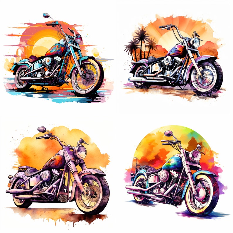 May include: Four watercolor illustrations of vintage motorcycles with sunset backgrounds. Each motorcycle is a different color: blue, red, purple, and blue. The motorcycles have chrome accents and are detailed with realistic features.