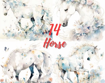 May include: Four watercolor illustrations of white horses with floral accents. The horses are depicted in various poses, including running, standing, and looking to the side. The background features a soft watercolor wash of blue and yellow, with delicate flowers scattered throughout.