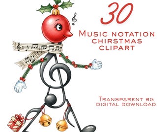 30 Christmas Notation Clipart, Watercolor Music Notes PNG, Holiday Sheet Music Symbols