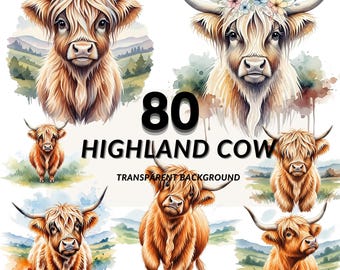 Highland Cow Clipart PNG Bundle, 80 Highland Cows, Transparent Background, Commercial Use