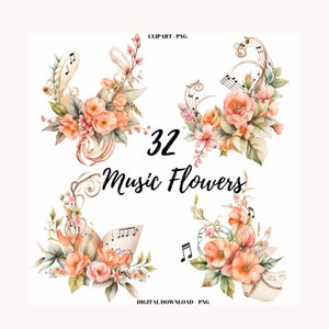 Notazione musicale Acquerello Clipart PNG, 32 Fiori Nota musicale, Download immediato, Uso commerciale, Nota floreale Clipart, Musica floreale