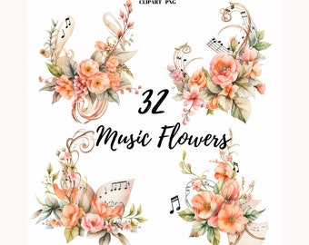 May include: A set of 32 watercolor illustrations of peach-colored flowers with musical notes and sheet music. The flowers are arranged in bouquets and wreaths. The text "32 Music Flowers" is written in black cursive font.