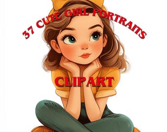 Girl Portrait Clipart: 37 PNG Illustrations (Digital Download)