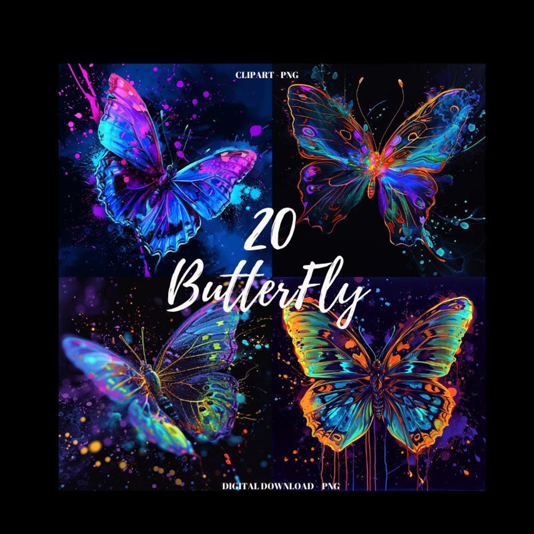 Butterfly Clipart PNG, Butterflies Images Bundle, Neon Butterfly Clipart, Butterflies Neon Black