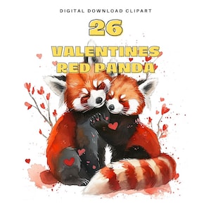 Panda Clipart, 26 Valentine Red Panda Clipart, Cartões gráficos digitais com tema de amor fofo, Convites Scrapbooking