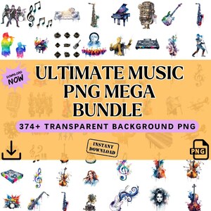 Könnte beinhalten: Eine Sammlung von PNG-Grafiken von Musikinstrumenten und Musikern im Aquarellstil. Das Bild enthält eine Vielzahl von Instrumenten wie Gitarren, Saxophone, Klaviere und Mikrofone. Der Text lautet "ULTIMATE MUSIC PNG MEGA BUNDLE" und "374+ TRANSPARENT BACKGROUND PNG."