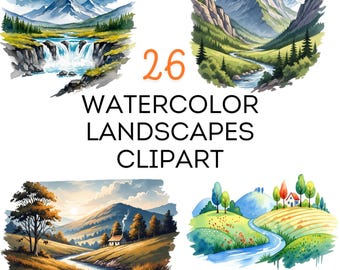 Landscape Clipart: 26 Watercolor Transparent Background Nature Illustrations