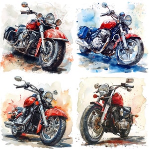 May include: Four watercolor paintings of red motorcycles. Each motorcycle has a different design and is painted in a realistic style.