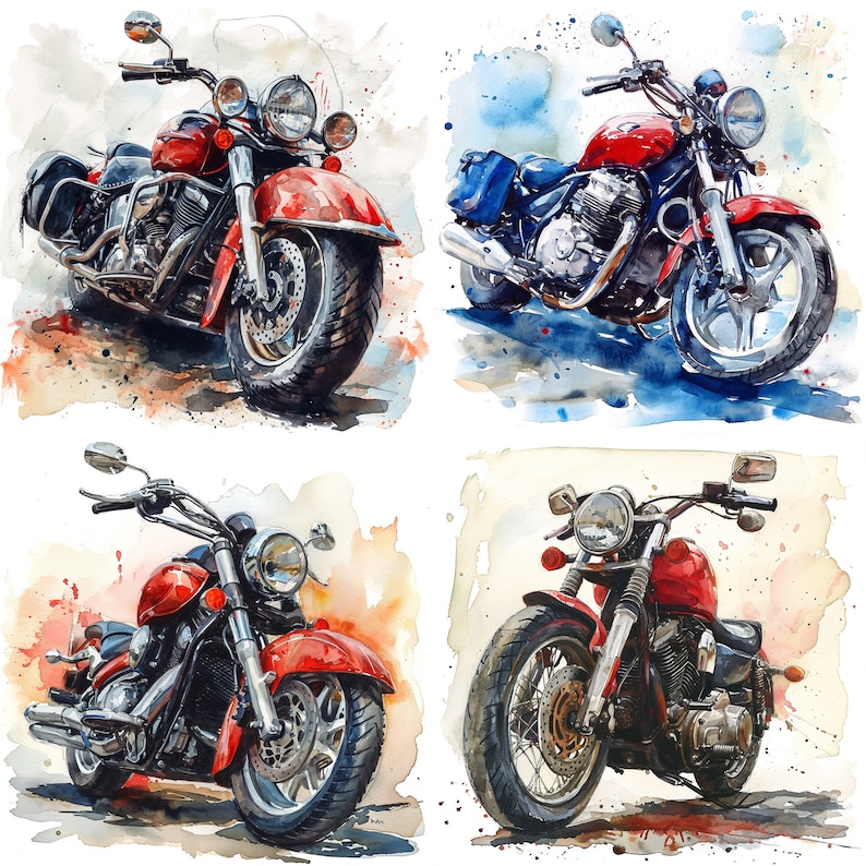May include: Four watercolor paintings of red motorcycles. Each motorcycle has a different design and is painted in a realistic style.