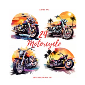 Watercolor Motorcycle Clipart: Sunset Motorbike PNG Collection (Digital Download)