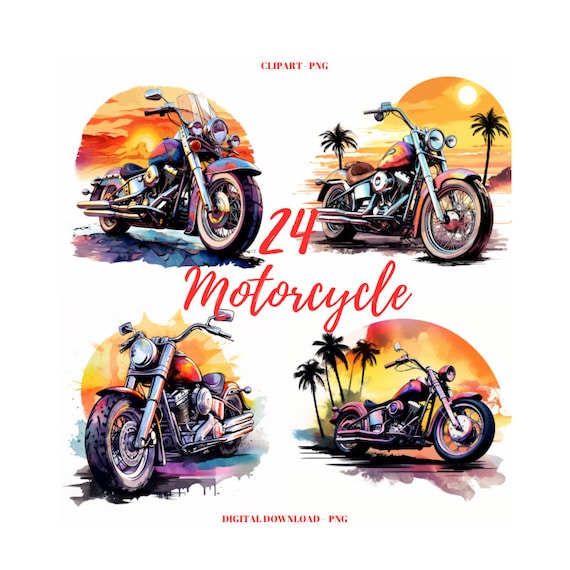 Motorcycle Clipart: 24 Sunset Motorbike PNG Collection (Digital Download)