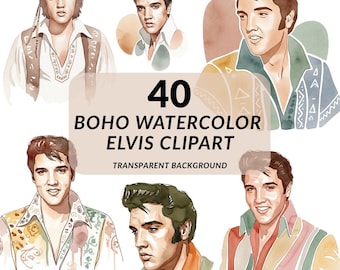 Elvis Presley Clipart PNG Bundle, 40 Boho Watercolor Rock Star Graphics, Transparent Background