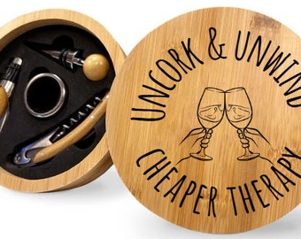 Wine Bottle Opener Kit - Bamboo Tool Set - Wedding Gift - Bridal Gift - Wine Tool Set - Round 4pc Wine Tools, Wine Lover, Wine Accessories