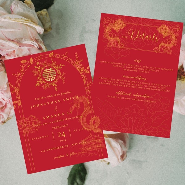 Chineses Wedding Invitation Template | Traditional Oriental  | Asian | Digital Download | Editable | Mandarin | Customize Tea Ceremony