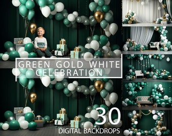 30 Green Gold White Balloons, Birthday Celebration Backdrop, Studio Family Toddler Boy Digital Background Overlay, Festive Anniversary Cake