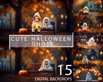 15 Cute Halloween Ghost Backdrop, Kids Toddler Photography Photoshoot, Autumn Holiday Dark Digital Spooky Friend Pumpkin Background Overlay