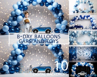 10 Birthday Balloon Arch Cars Toys Kids Boy Toddler Cake Smash Photoshoot Digital Blue White Studio Backdrop Festive Celebration Background
