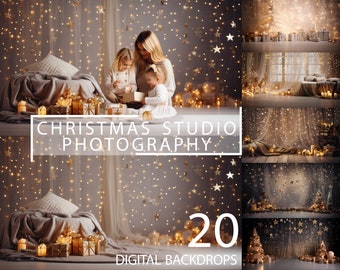 20 Christmas Family Kids Photoshoot Digital Backdrop, Cozy Studio, Christmas Tree Gold Lights Background, Beige Winter Holiday Star Overlay