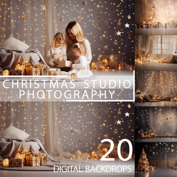 20 Kerst Familie Kinderfotoshoot Digitale Achtergrond, Gezellige Studio, Kerstboom Gouden Lichten Achtergrond, Beige Winter Vakantie Ster Overlay