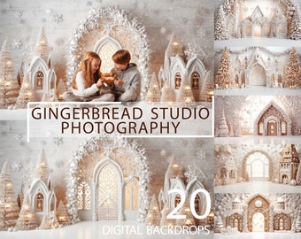 20 Christmas Gingerbread House Digital Backdrop, Studio Family Kids Photoshoot Background, White Snow Winter Tree Holiday Wonderland Overlay