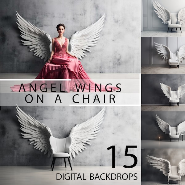 15 Angel Wings, Chair, Digital Backdrop, White Angel Wings, Maternity Background Overlays, Studio Photoshoot Photoshop Art Templates, Gothic