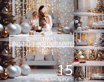 15 Christmas Family Kids Photoshoot Digital Backdrop, Cozy Studio, Christmas Tree Gold Lights Background, Silver Winter Holiday Star Overlay