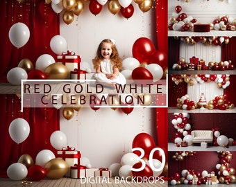 30 Red Gold White Balloons, Birthday Celebration Backdrops, Studio Family Toddler Kids Baby Digital Background Overlay, Festive Anniversary