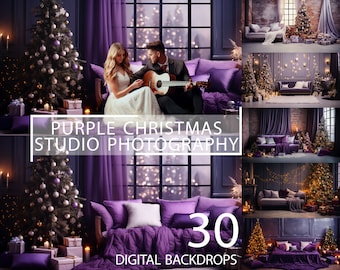 30 Christmas Family Kids Photoshoot Digital Backdrop, Purple White Cozy Studio Christmas Tree Gold Lights Background Winter Holiday New Year
