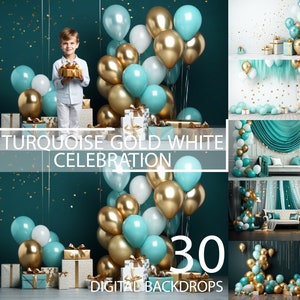 Pode incluir: 30 cenários digitais com um esquema de cores turquesa, dourado e branco. Os cenários incluem uma variedade de cenas, como um menino em pé em frente a um arco de balões, uma sala com um sofá branco e cortinas turquesa, e uma sala com um sofá branco e balões dourados.