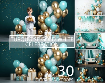 30 Turquoise Gold White Balloons, Green Birthday Celebration Backdrop, Studio Family Toddler Digital Background Overlay, Festive Anniversary