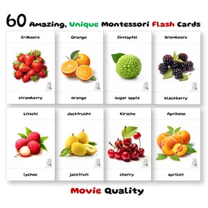 60 Yummy Fruits Flash Cards, German, Montessori Gift, Pre-School Cards, Educational Printable Cards, Instant Download, Pdf Printable