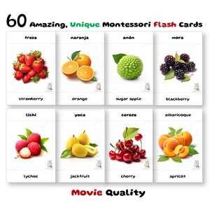 60 Yummy Fruits Flash Cards, Spanish Montessori Gift, Pre-School Cards, Educational Printable Cards, Instant Download, Pdf Printable
