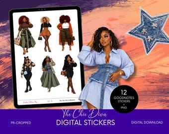 Digitale plannerstickers van een zwarte vrouw, chique diva Goodnotes-stickers, Afro-Amerikaanse mode PNG-stickers, vooraf bijgesneden digitale download