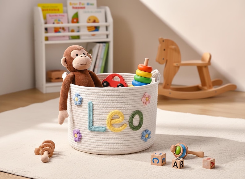 May include: A white rope basket with the name "LEO" in colorful letters, filled with toys including a stuffed monkey, a red car, and a wooden stacking ring. A wooden rocking horse and other toys are in the background.