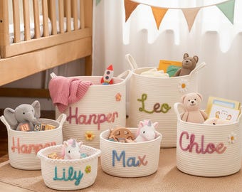Personalized Handmade Baby Basket,Monogrammed Woven Basket ,Baby Shower Gift Basket, Grand baby Gift, Rope Cotton Gift Basket, Toy Organizer