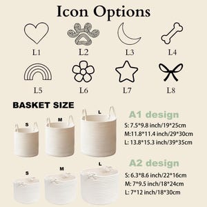 May include: Image features a selection of white rope baskets in various sizes, labeled S, M, and L. The image also displays icon options, including a heart, paw print, crescent moon, bone, rainbow, flower, star, and bow. Text includes "Icon Options" and "Basket Size."