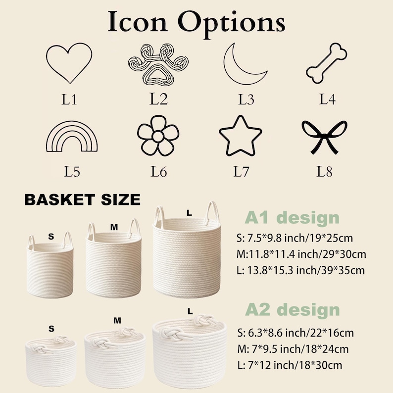 May include: Image features a selection of white rope baskets in various sizes, labeled S, M, and L. The image also displays icon options, including a heart, paw print, crescent moon, bone, rainbow, flower, star, and bow. Text includes "Icon Options" and "Basket Size."