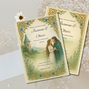 Wedding invitation template, Celtic wedding invitation, Fantasy theme, Customized invitation, Colorful, Nature, Digital Canva Editable
