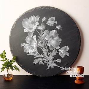 Blumen Schiefer PNG | Schieferuntersetzer mit Gravur | Schiefertafeln Radierung | DIY-Wohnkultur | Lasergravurdatei | CNC-Router-Dateien