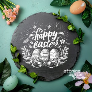 Joyeuses Pâques, fichier de gravure laser, sous-verres en ardoise gravés, projets CNC, impressions téléchargeables, lapin de Pâques, impression artistique de Pâques