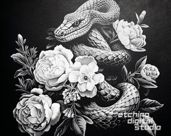 Floral Snake PNG for CNC Laser Engrave, Laser Burn, Glowforge File, Lightburn, Slate Coaster, CNC Router, Illusion Laser, Engraving Design