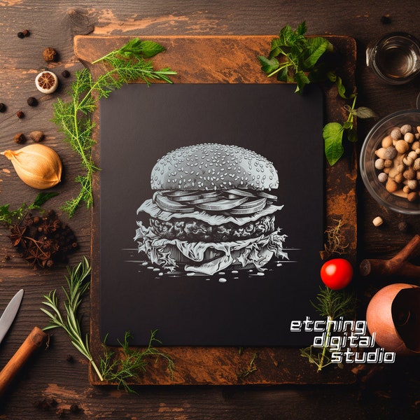 Burger PNG pour CNC Laser Engrave, Laser Burn, Glowforge, Charcuterie, Planche à découper, Planche à découper, Digital Design PNG, Illusion Laser