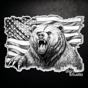 May include: A black and white illustration of a bear roaring with its mouth open, set against a torn American flag background. The bear's fur is detailed, and the flag is waving in the wind. The text "etching digital studio" is visible in the bottom right corner.