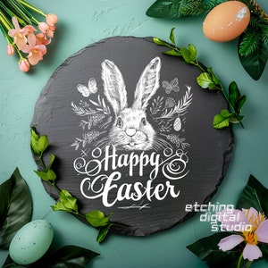 Frohe Ostern, Lasergravurdatei, Schieferuntersetzer graviert, CNC-Projekte, herunterladbare Drucke, Osterhase, kunstvoller Osterdruck