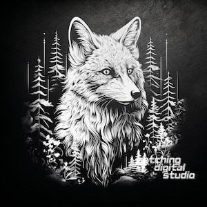 Fox in Forest PNG pour gravure laser CNC, gravure laser, fichier Glowforge, fichier Lightburn, gravure sur ardoise, conception numérique PNG, laser illusion