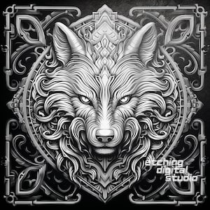 Wolf Tile PNG för CNC-lasergravering, laserbränning, Glowforge-fil, Lightburn, skifferunderlägg, CNC-router, illusionslaser, gravyrdesign